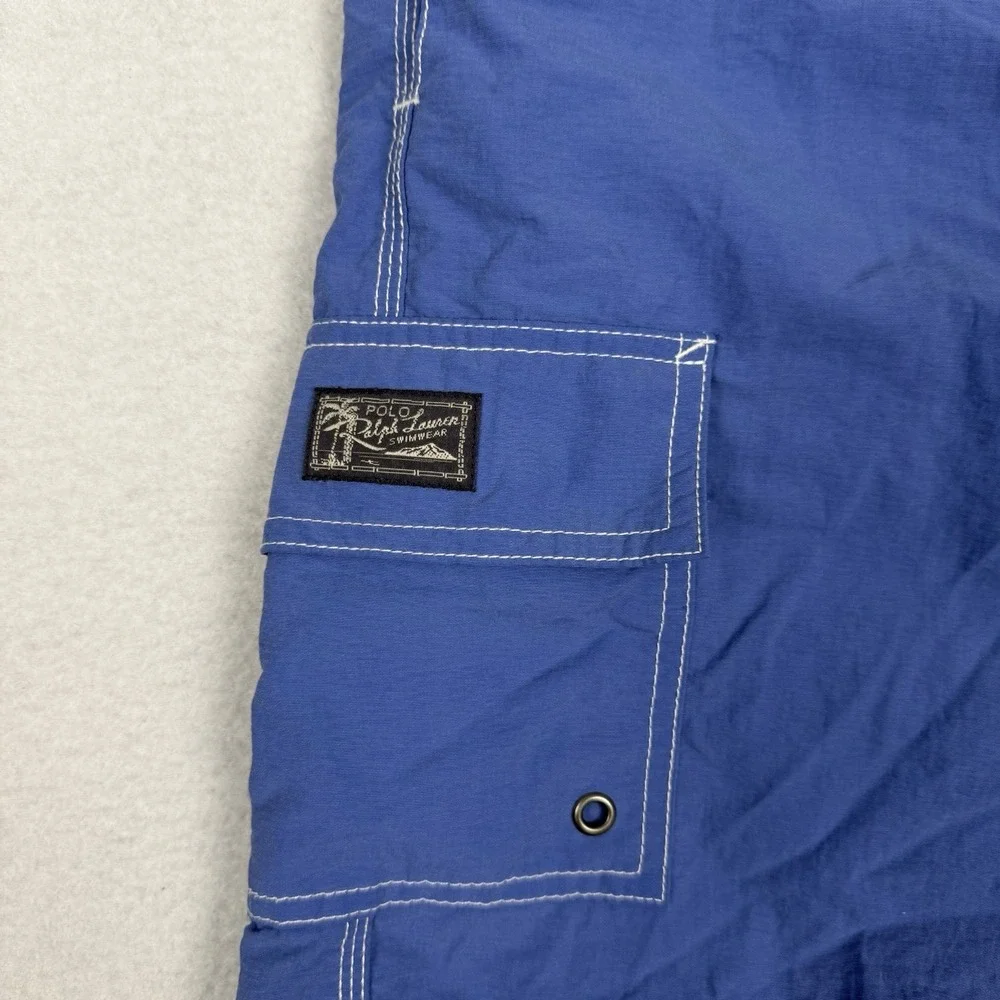 VTG 90s Polo Ralph Lauren Blue Cargo Swim Trunks Board Shorts Mens Medium‎ Mesh